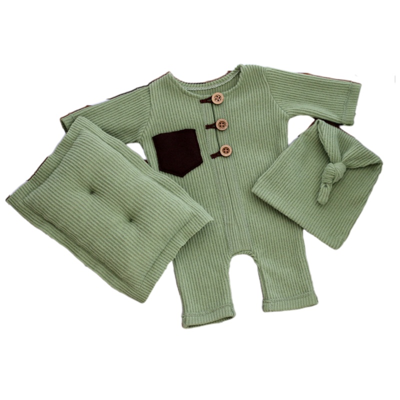 Bộ 3 Món Gồm Áo Liền Quần Bằng Cotton Thắt Nút Kèm Gối Và Mũ Làm Đạo Cụ Chụp Ảnh Cho Bé Trai