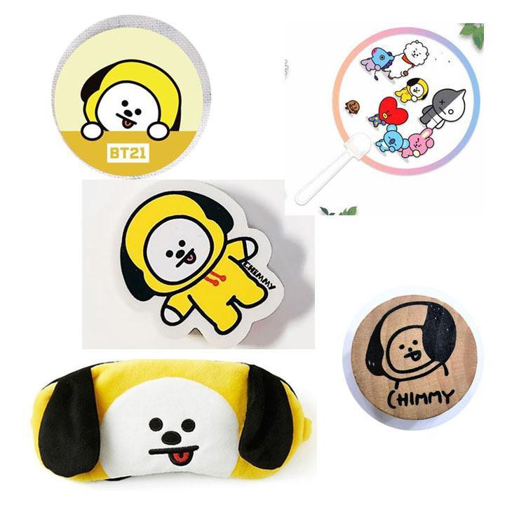 (M23) Combo BTS CHIBI CHIMMY 5 món gồm 1 miếng dán điện thoại 1 quạt tròn cầm tay 1 bịt mắt bông 1 ấn 1 tẩy