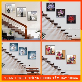 Tranh dán tường Cầu Thang 3D lọ hoa 3 bức, in UV trực tiếp không bay màu Chống ẩm mốc, kèm băng dính xốp