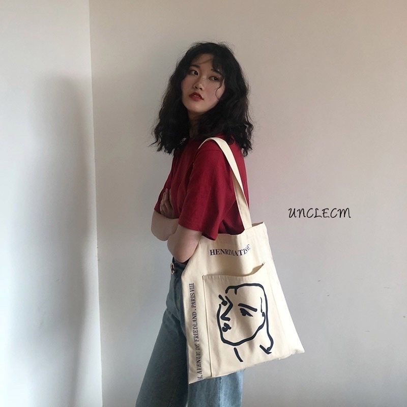 Túi Tote Vải Canvas Đeo Vai Phong Cách Vintage Hình Cô Gái