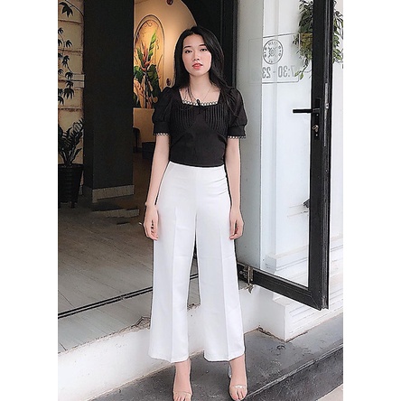 Quần xuông ống rộng cạp cao khóa sườn eo thon vải mềm dài 95cm