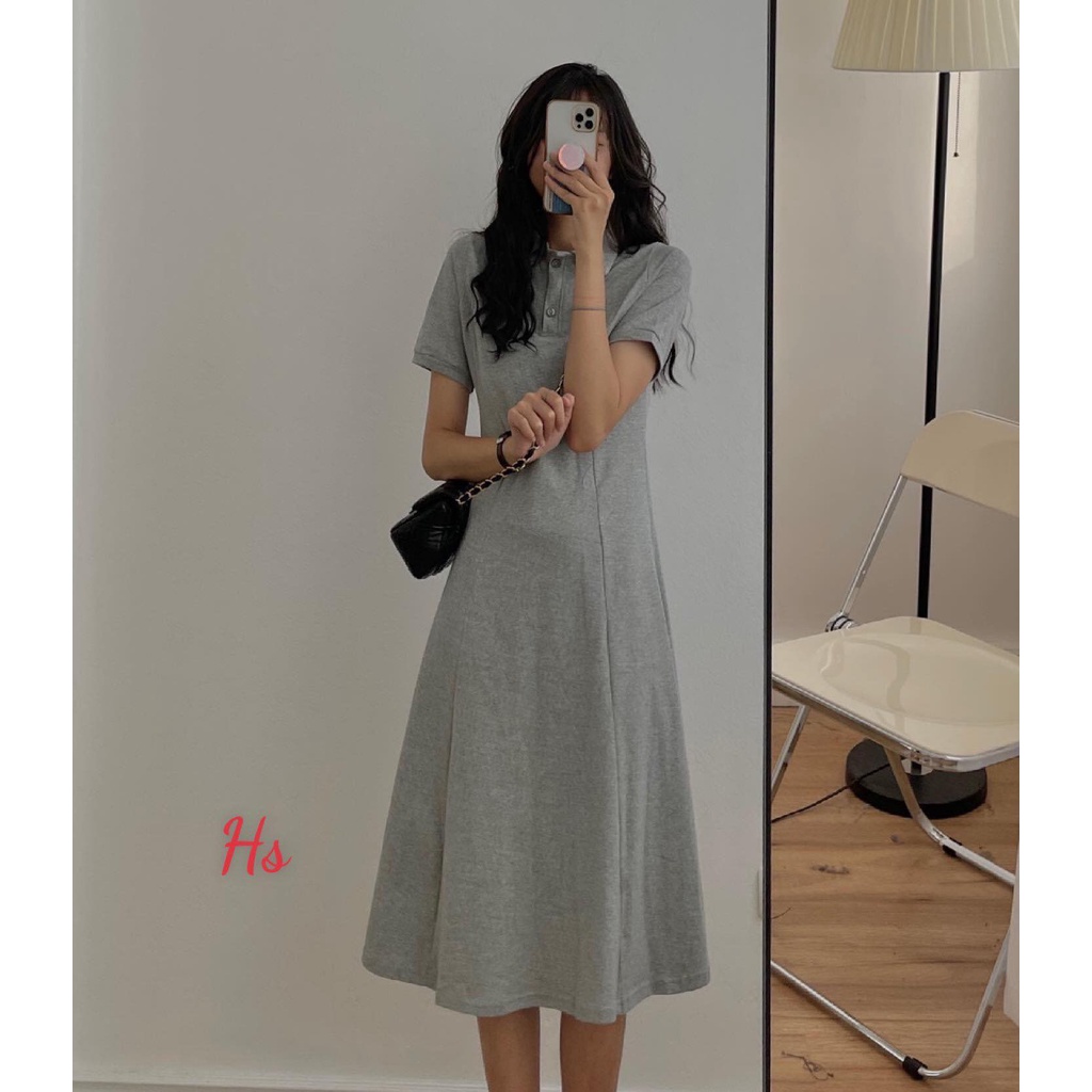 Đầm Polo Nữ Dáng Dài Cổ Bẻ Cúc Cài Váy Cộc Tay Nữ Trơn 2 Màu