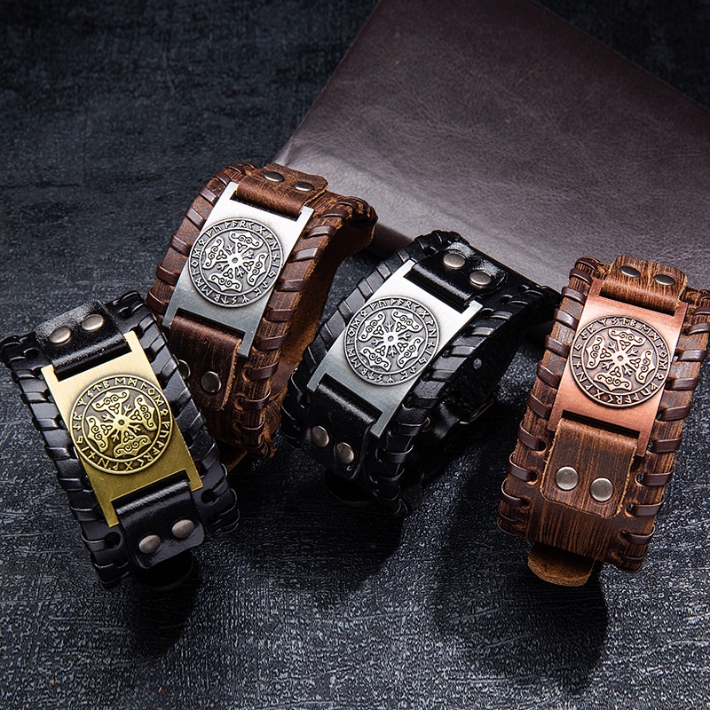 Vòng Tay Da Phối Mặt Thánh Giá Bằng Thép Không Gỉ Phong Cách Hip Hop