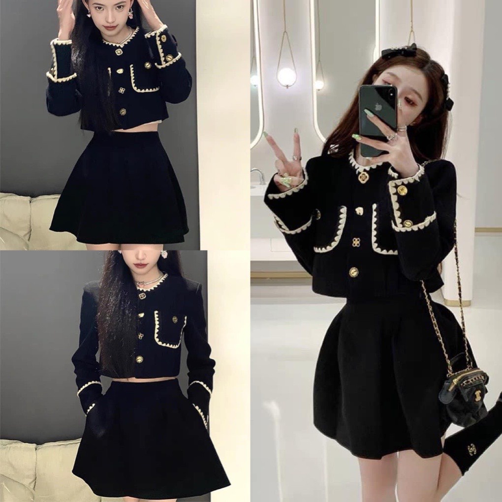 Sét áo khoác nhung croptop viền túi cúc đồng kèm chân váy xếp ly xòe lưng cao màu đen sang chảnhtiểu thưđi chơi hot 2022