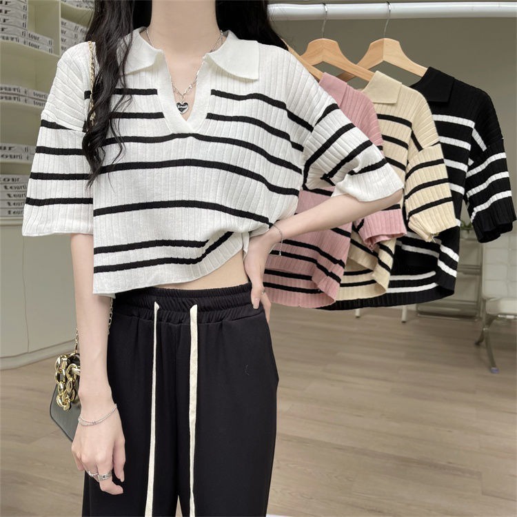 Áo thun dệt kim ZHELIHANGFEI cổ polo họa tiết kẻ sọc thời trang cá tính