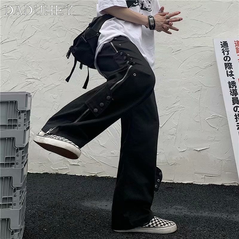 Quần dài cạp cao ống rộng phối khóa kéo phong cách Mỹ dành cho nam và nữ