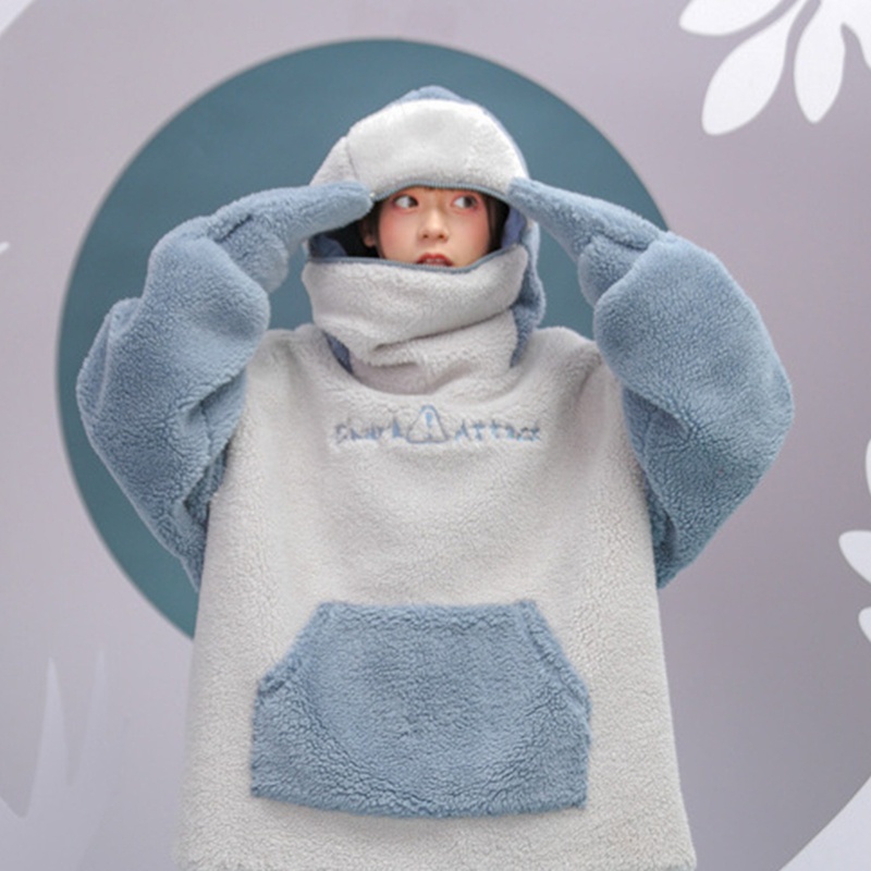 Áo Hoodie Hình Cá Mập Dễ Thương Dày Dặn Dáng Rộng Có Khóa Kéo Thêu Chữ Phong Cách Harajuku Cho Nữ