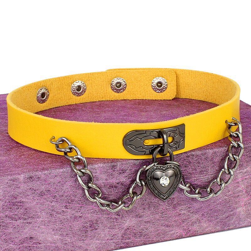 Punk Style Design Lock Chain Heart Necklace PU Leather