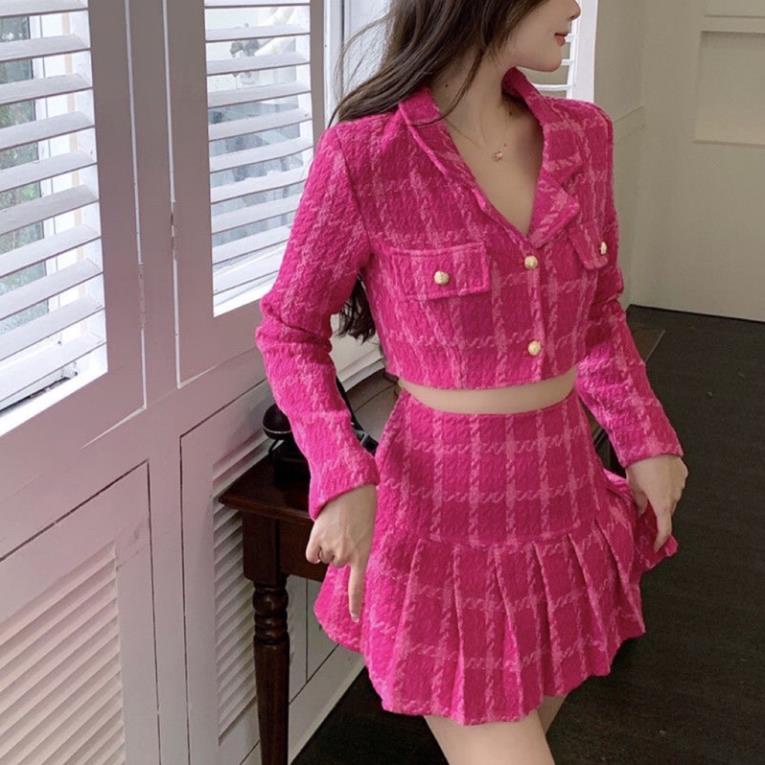 [Order] Set dạ tweed hồng áo vest croptop phối chân váy xếp ly, có video ZIE