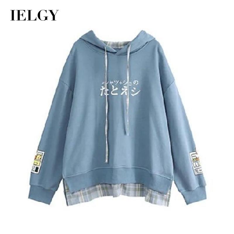 Áo hoodie IELGY dáng rộng dài tay họa tiết kẻ sọc thời trang Nhật Bản cho nữ