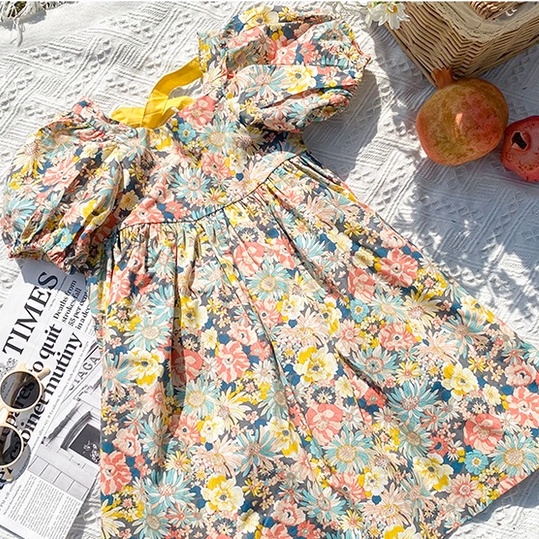 Đầm Tay Phồng Hở Lưng Dáng Rộng In Họa Tiết Hoa Thời Trang Mùa Hè Xinh Xắn Cho Bé Gái