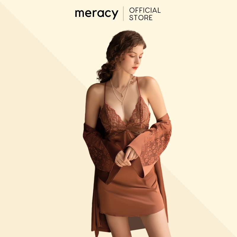 Váy ngủ hai dây có kèm áo choàng lụa satin nữ cao cấp MERACY có mút ngực phối ren M06-CV - HÀNG MỚI VỀ