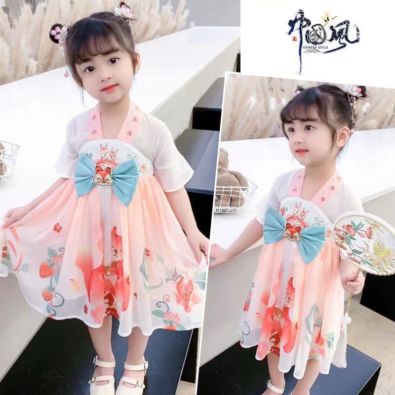 Đầm Hán Phục Tay Ngắn Chất Liệu Chiffon Thêu Họa Tiết Đính Nơ Thời Trang Mùa Hè Mới 2022 Cho Bé Gái