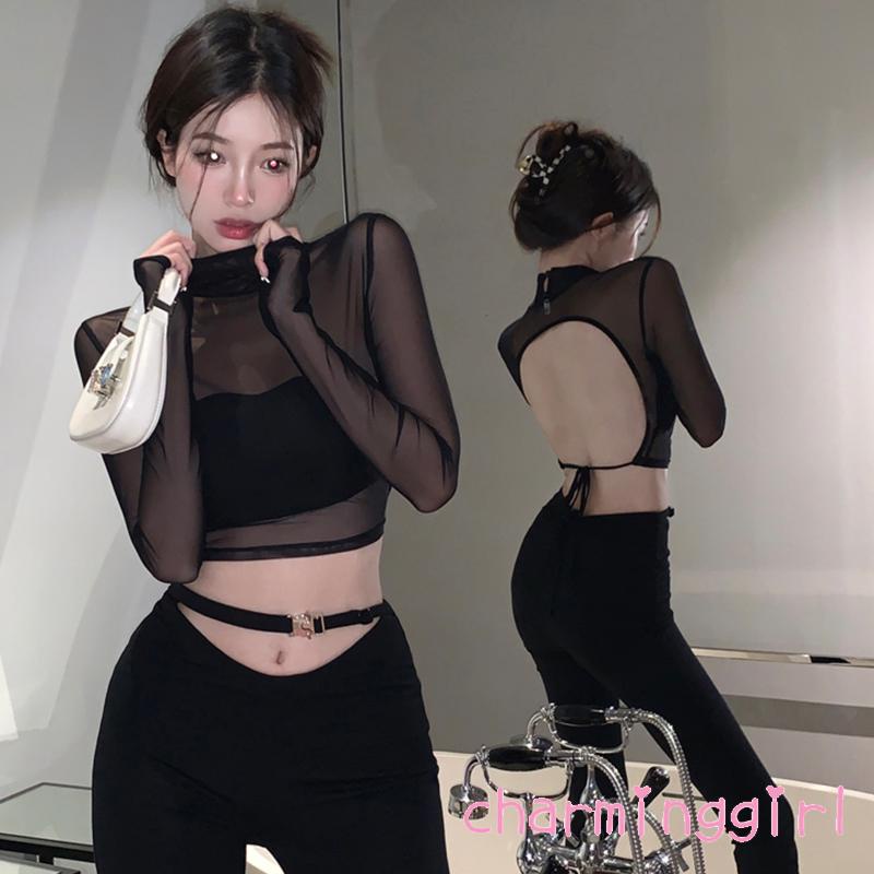 Áo Thun Crop Top Lưới Tay Dài Cổ Cao Hở Lưng Màu Trơn Thời Trang Đường Phố Dành Cho Nữ