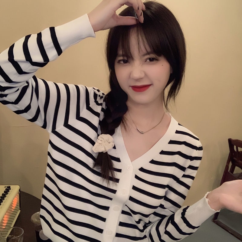 Áo Khoác cardigan Dệt Kim Tay Dài Cổ Chữ v Họa Tiết Kẻ Sọc Phong Cách Hàn Quốc Cho Nữ JL-TX-530