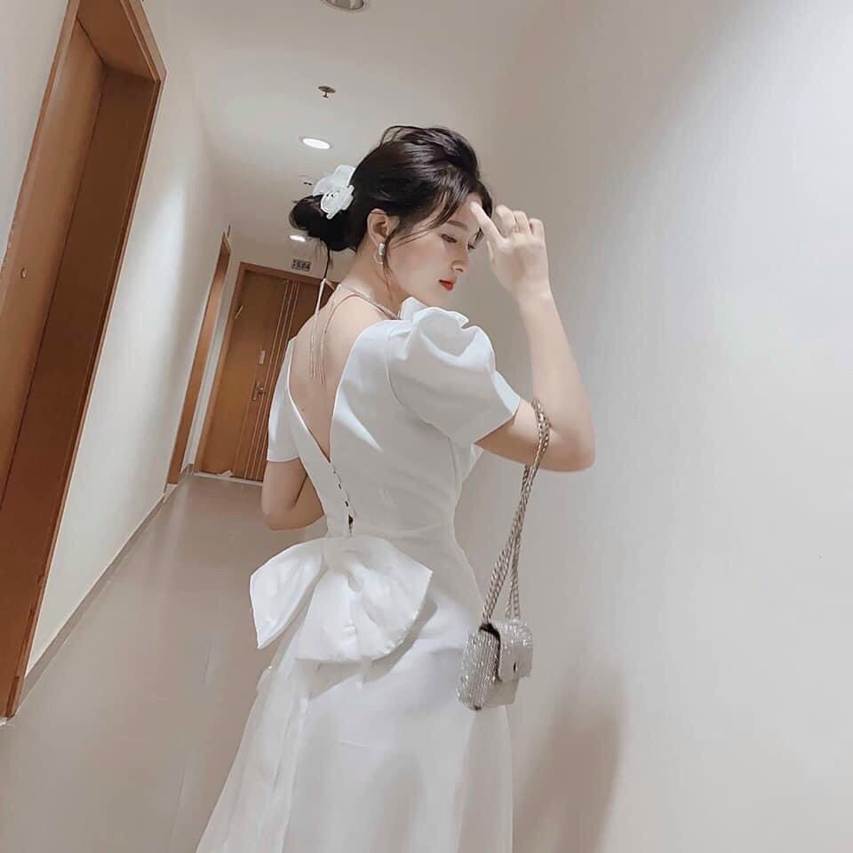 Đầm dự tiệc Thaingashop đầm trắng cổ vuông tay phồng dáng xòe vải phi kèm lưới mặc đi tiệc cưới, mặc đi chụp hình D0260