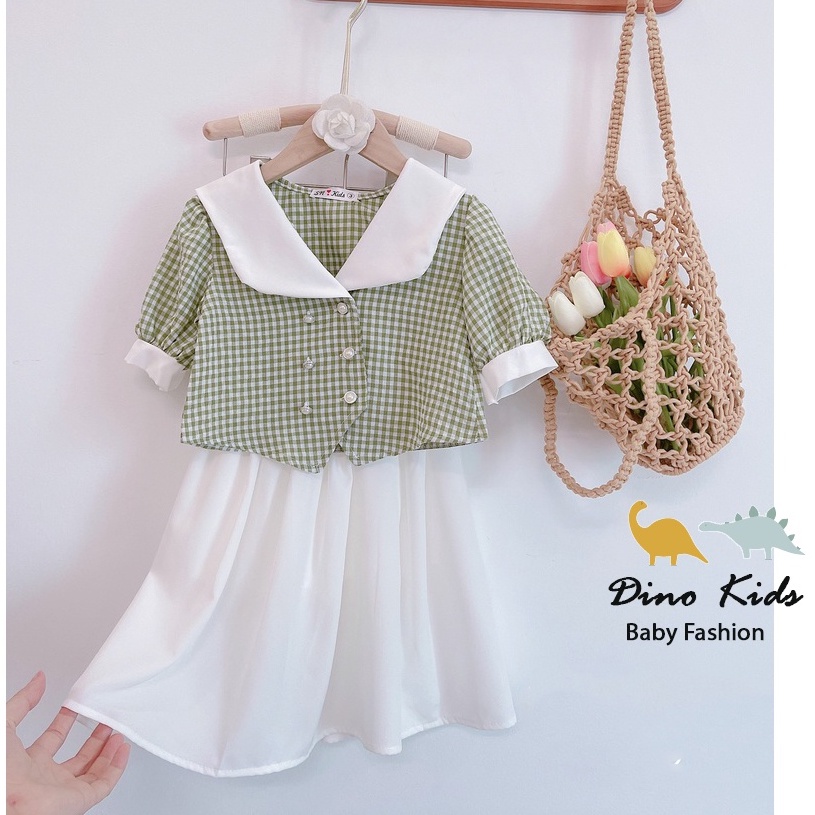 Sét váy vintage cho bé gái, set áo caro xanh 2 hàng cúc kèm chân váy xòe trắng cho bé size 12-35kg
