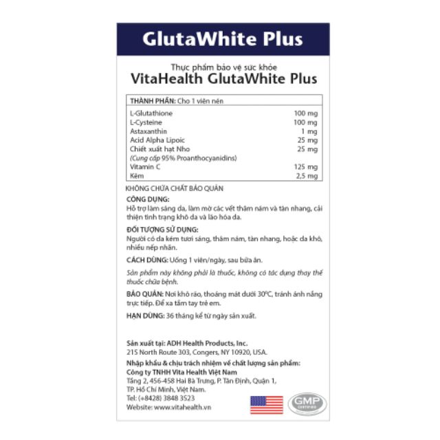 Thực Phẩm Chức Năng Viên uống Hỗ Trợ Làm Sáng Da,Mờ Nám,Tàn Nhang VitaHealth Gluta White Plus (30 viên/ hộp)