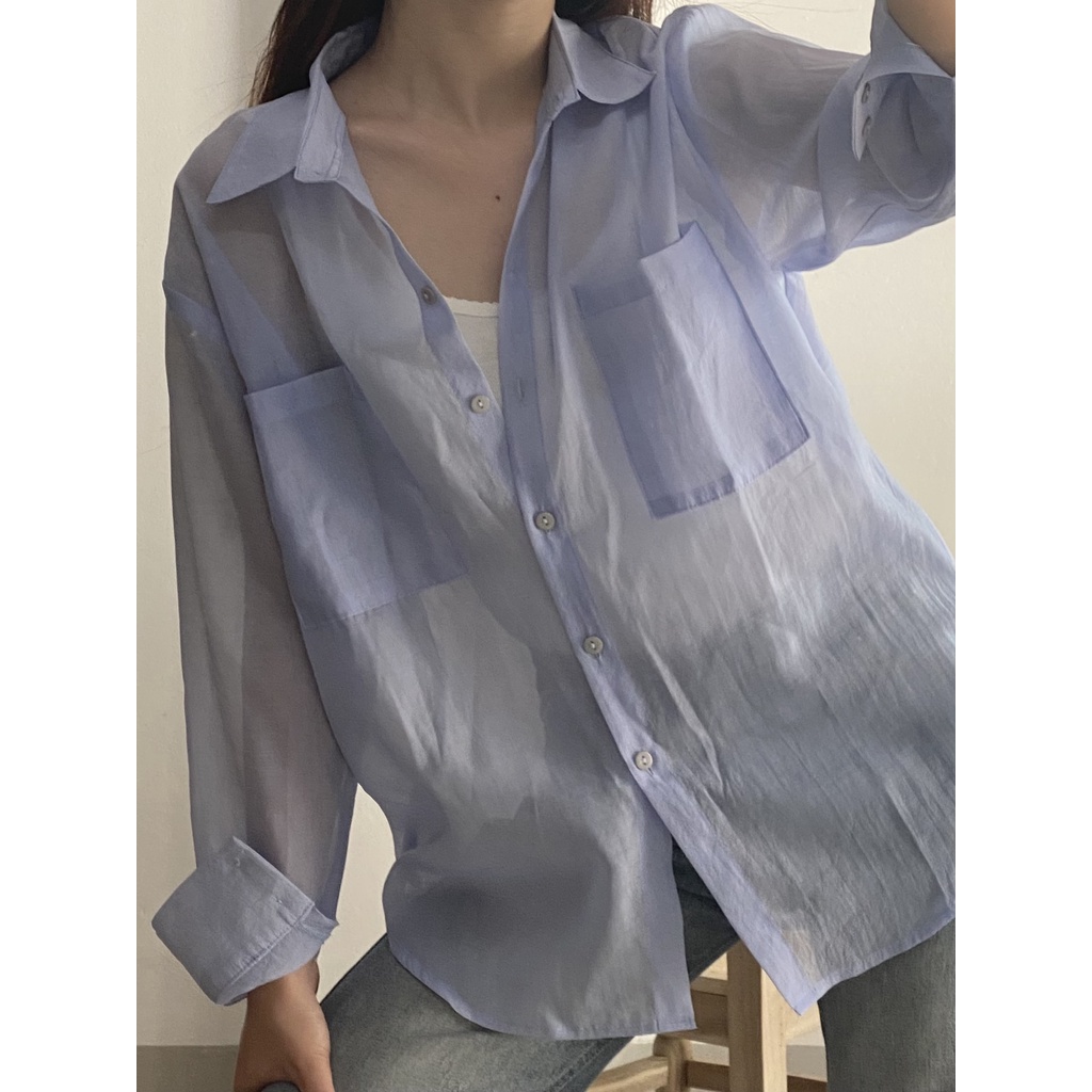 unleashedvn SOFT GIRL SEE THROUGH SHIRT - Áo sơ mi freesize xuyên thấu, áo sơ mi dáng rộng, áo sơ mi nhẹ bay