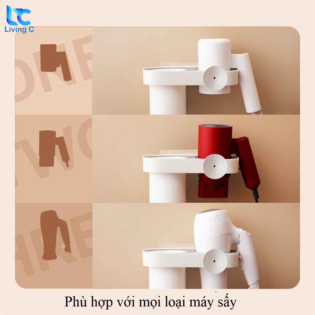 Giá đỡ máy sấy tóc dán tường cao cấp Living C, kệ nhà tắm đựng máy sấy tóc đa năng treo tường chịu lực _SCC