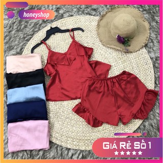 Bộ ngủ lụa hai dây bèo nhún sexy honeyshop
