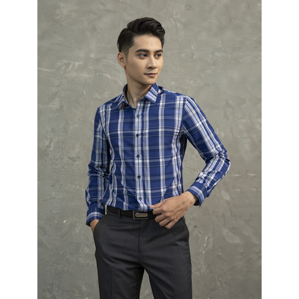 Áo Sơ Mi Nam Dài Tay ARISTINO ALS02101 Somi Công Sở Cao Cấp Màu Xanh Tím Than Kẻ Trắng Vải Sợi Sồi Dáng Ôm Không Túi