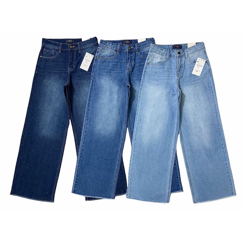 Quần jeans suông dài coton  tua lai