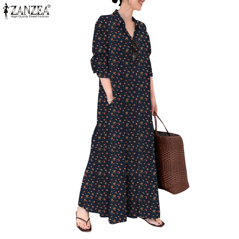 Đầm Maxi Zanzea Dài Tay Họa Tiết Xinh Xắn Cho Nữ