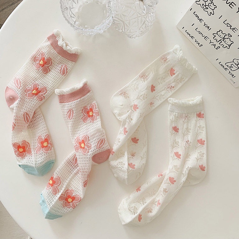 Vớ cotton Ống Lưới Ba Chiều Thoáng Khí Họa Tiết Hoa Nhỏ Dễ Thương Phong Cách Hàn Quốc Thời Trang Mùa Hè Dành Cho Bạn Nữ