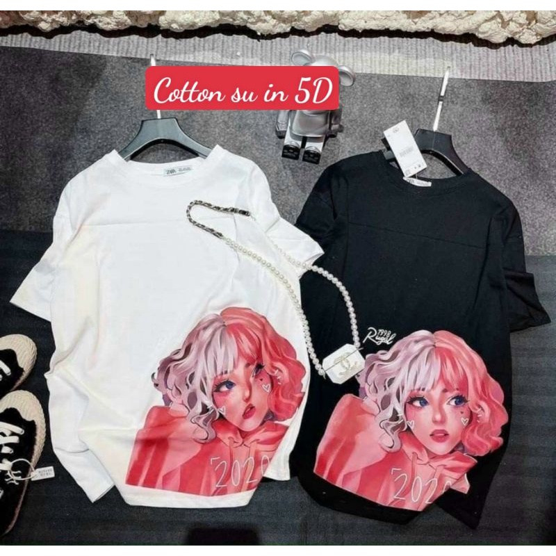 Áo phông tay lỡ in 5D Cô gái phong cách Hàn Quốc