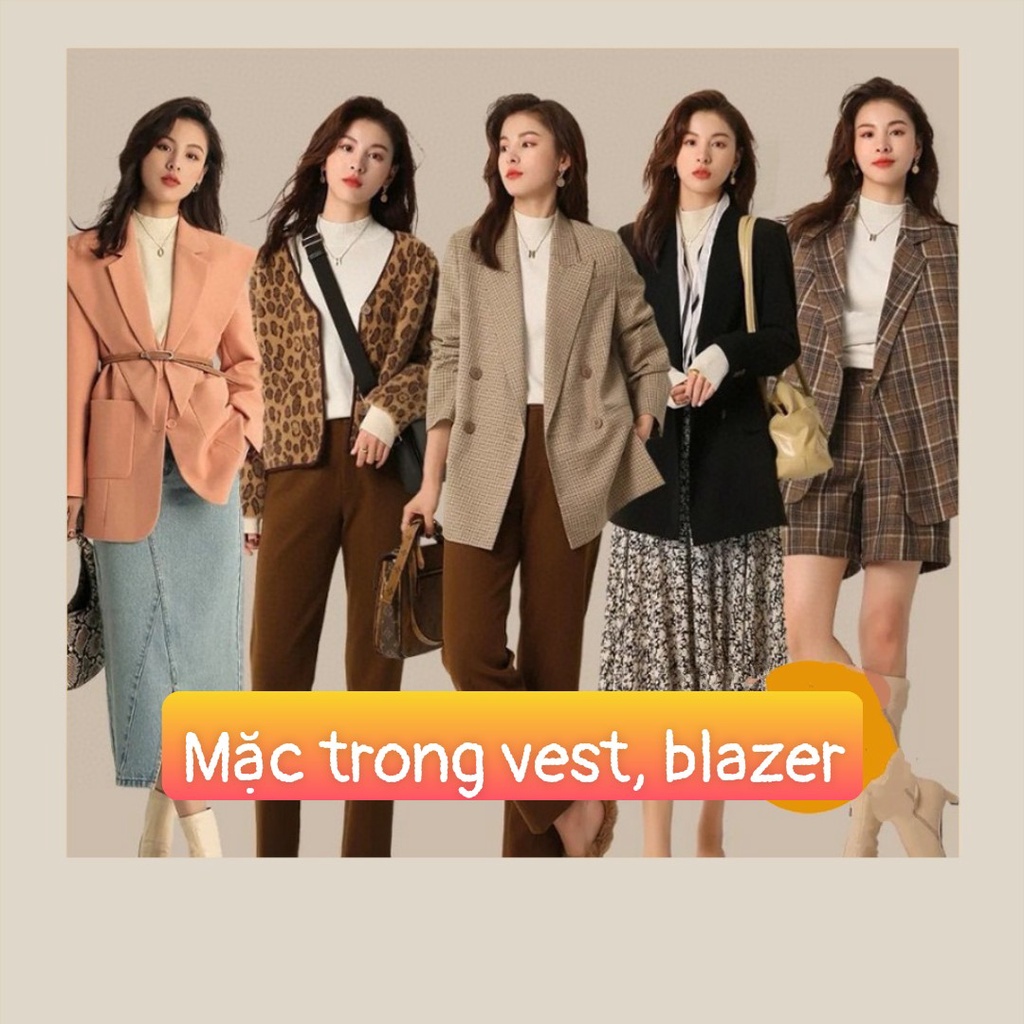 ÁO THUN NỮ DÀI TAY MẶC TRONG VEST BLAZER, ÁO THUN GIỮ NHIỆT NỮ CAO CỔ LÓT NỈ