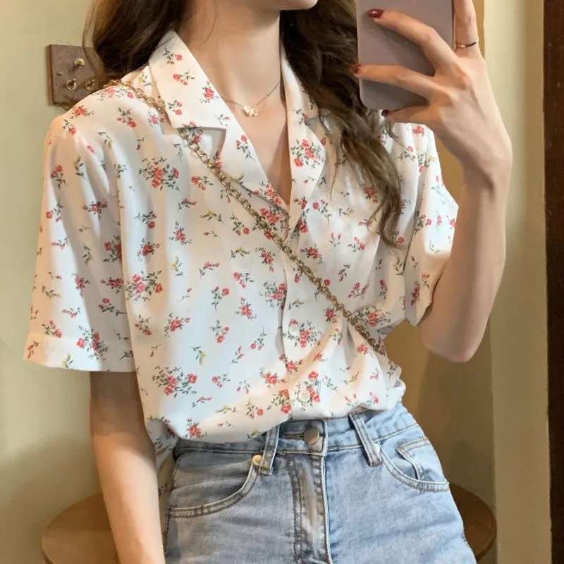 Áo Sơ Mi Ngắn Tay In Hoa Xinh Xắn Phong Cách Hàn Quốc