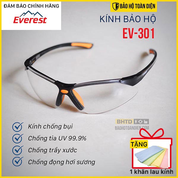 (RẺ, CHÍNH HÃNG) Kính bảo hộ Everest EV301 [TẶNG KHĂN LAU KÍNH] Kính chống bụi, chống gió, kính chống tia UV