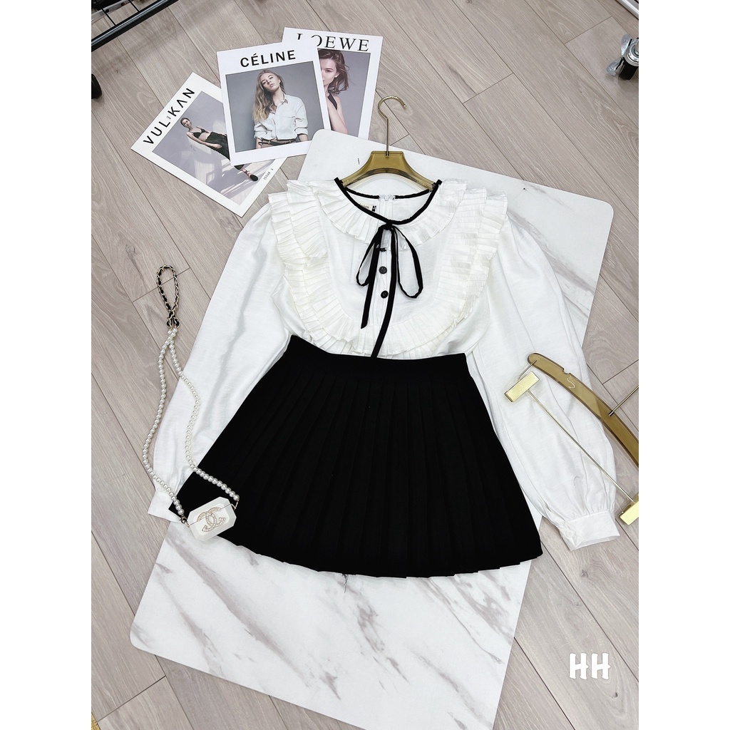 SET ÁO SƠ MI TRẮNG BÈO NƠ MIX CVAY ĐEN