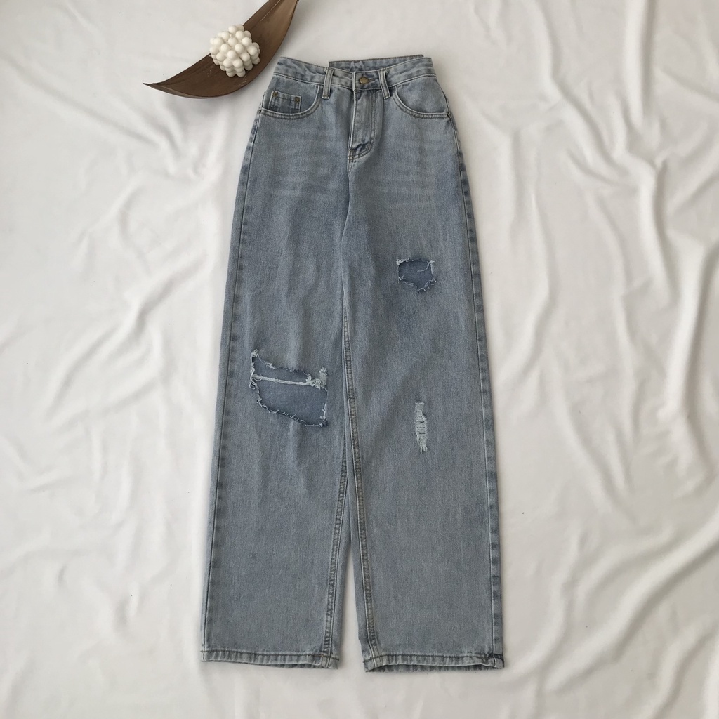Quần Jeans Rách Gối Dáng Suông Nữ Quần Bò Xanh Trơn Cạp Cao DENIN Chất Liệu Denim Phong Cách Hàn Quốc 2779