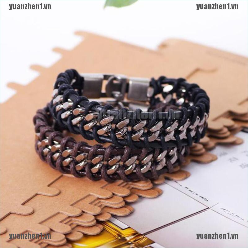 [yuanzhen1] Vòng Tay Da Bện Phong Cách Punk Cổ Điển Cho Nam