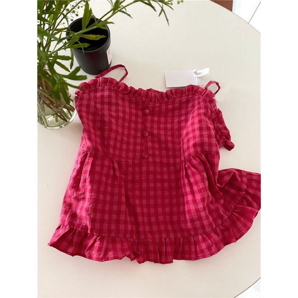 Jiashucheng Áo Hai Dây Kẻ Sọc Caro Trắng Trái Cây Nấm Cạnh Hoa Hồng Đỏ Dễ Thương Mùa Hè ins Cho Nữ