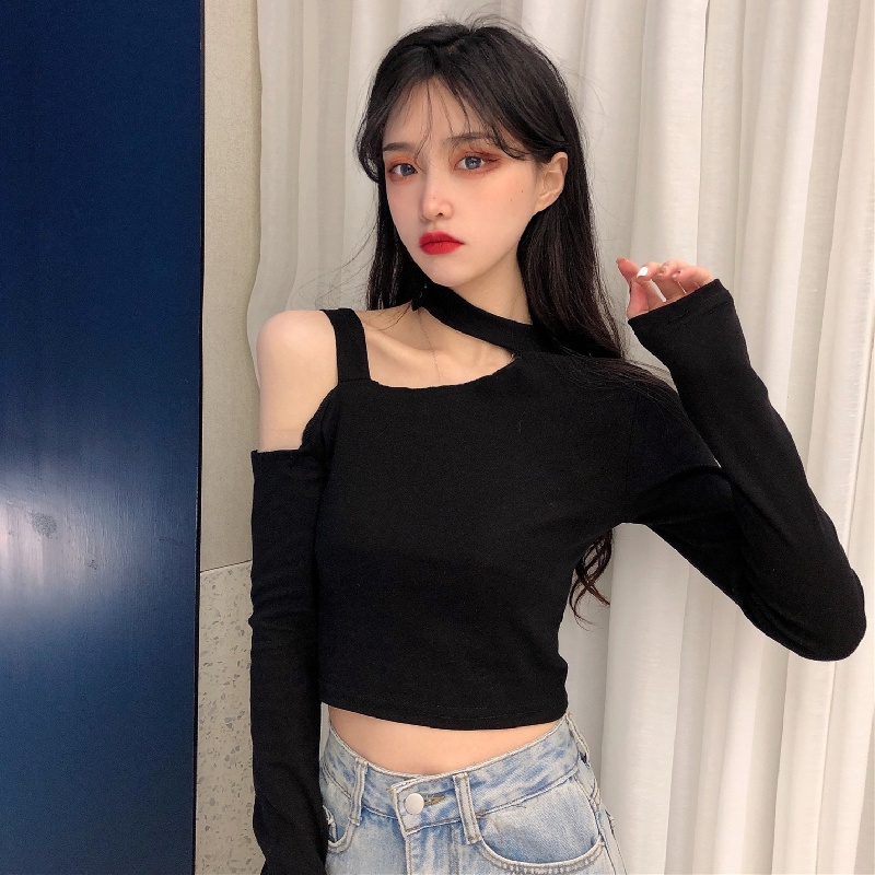 ZHELIHANGFEI Áo Thun Tay Dài Trễ Vai Form Ôm Kiểu Dáng Quyến Rũ