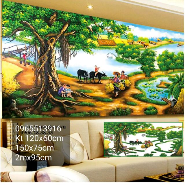 Tranh đính đá phong cảnh làng quê 150x75cm