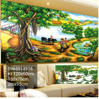 Tranh đính đá phong cảnh làng quê 150x75cm