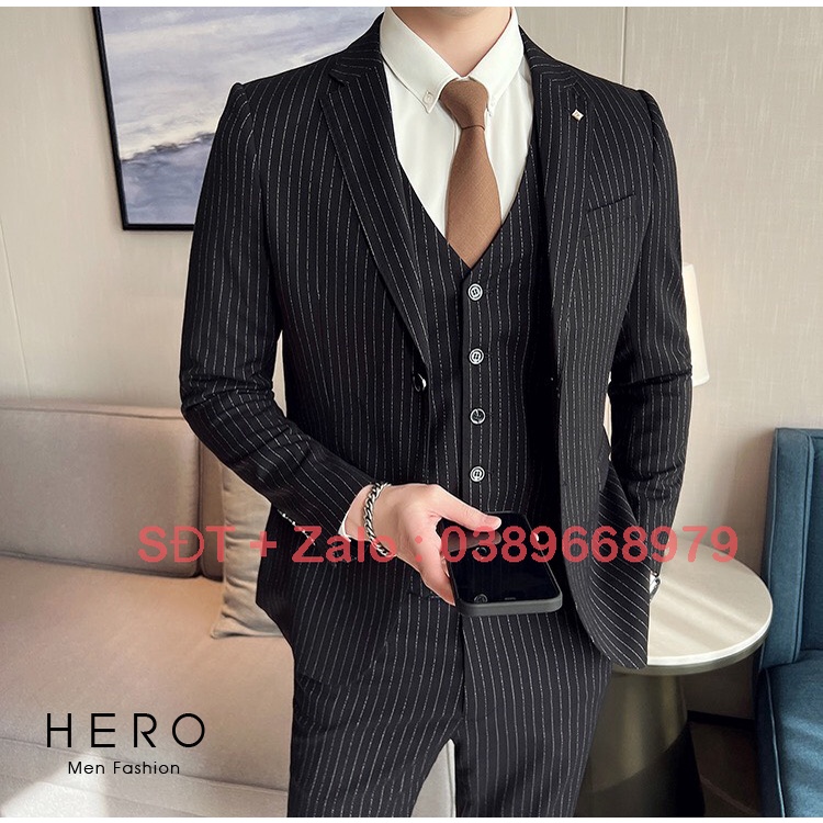 Vest Nam Hàn Quốc 2 Cúc, Vest Nam Công Sở Kẻ Sọc Đen 2 Cúc, Suit Nam Cao Cấp 2 Cúc Kẻ Sọc Đen