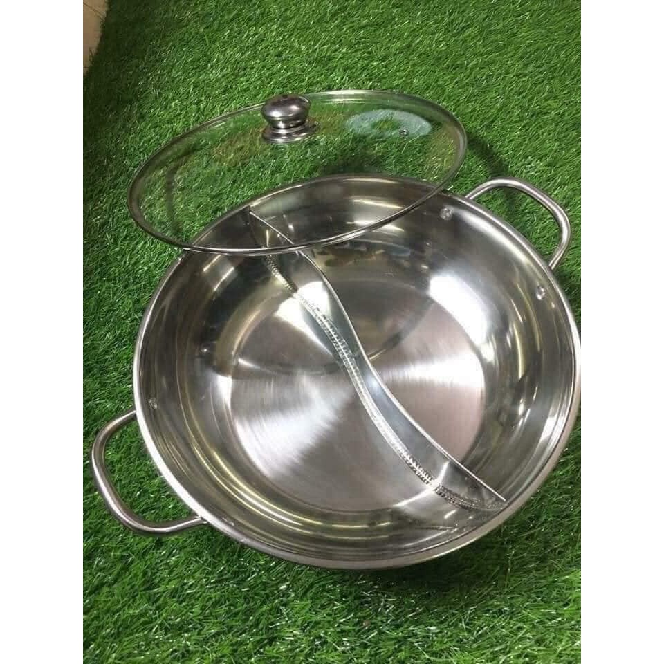 NỒI LẨU INOX 2 NGĂN VUNG KÍNH SZ 32 CM ĐUN ĐƯỢC BẾP TỪ VÀ BẾP GA