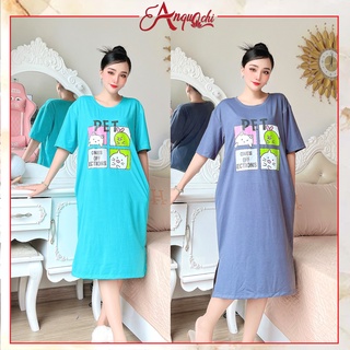 Đầm Suông Dáng Dài Nữ Anquachi Váy Thun Trung Niên Bầu Bì Rộng Rãi Tay Ngắn Xẻ Tà Mặc Nhà Thoải Mái A078