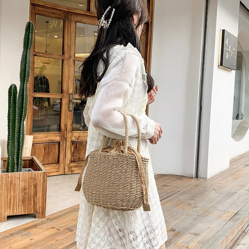 Túi Xách Đan Mây Màu Trơn Có Dây Rút Phong Cách Vintage Dành Cho Nữ