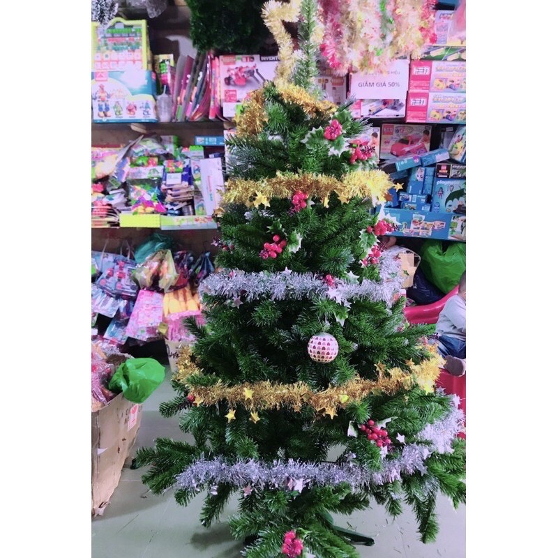 Cây thông 1,5m gắn chùm quả đỏ hình chụp tại shop