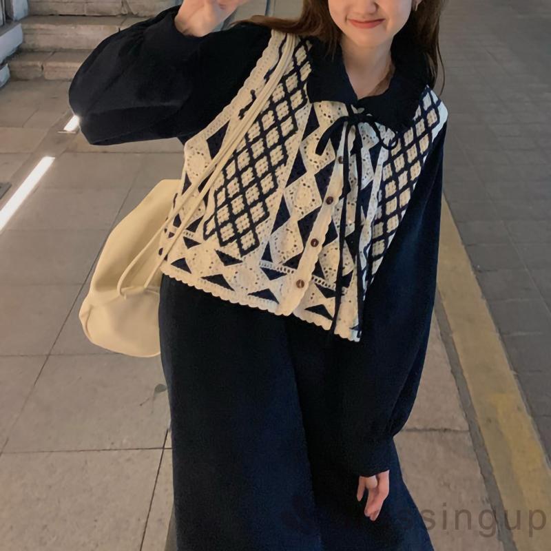 Áo dệt kim không tay cổ chữ V họa tiết hình thoi màu đen / mơ / lam kiểu xuân thu cho nữ