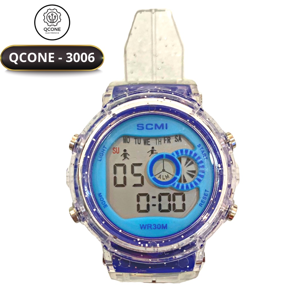 Đồng hồ điện tử chống nước unisex Qcone 3006 cho bé trai, bé gái và nam nữ chống nước 30m đa chức năng dây trong suốt