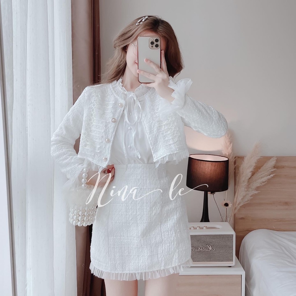 SET 3 MÓN BỐ: ÁO KHOÁC LỬNG TAY DÀI + ÁO SƠ MI + CHÂN VÁY BÈO