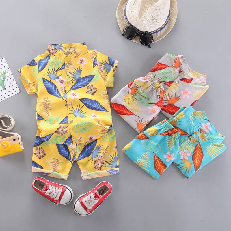 0-5 tuổi Chàng trai Thời trang Mùa hè Trẻ em Áo ngắn tay Boy Lá Mẫu Áo sơ mi ngắn tay + Quần short 2 mảnh