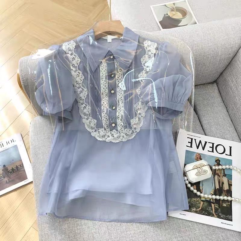 CÓ SẴN🖤SET Áo sơ mi kiểu tiểu thư voan tơ cổ ren xếp ly cúc ngọc cao cấp/ Áo bánh bèo thiết kế màu xanh Hàn Quốc